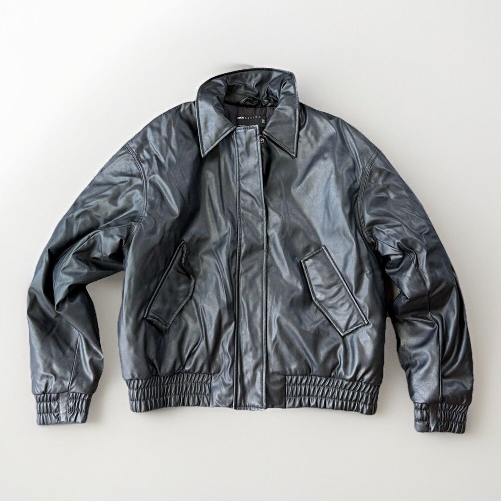 ASOS DESIGN Black Faux Leather Bomber Jacket Kenny Relaxed Fit Men's Size XS/S